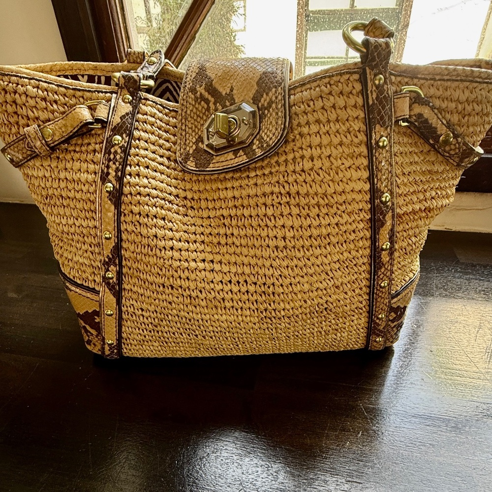 Coach rattan and leather top handle bag